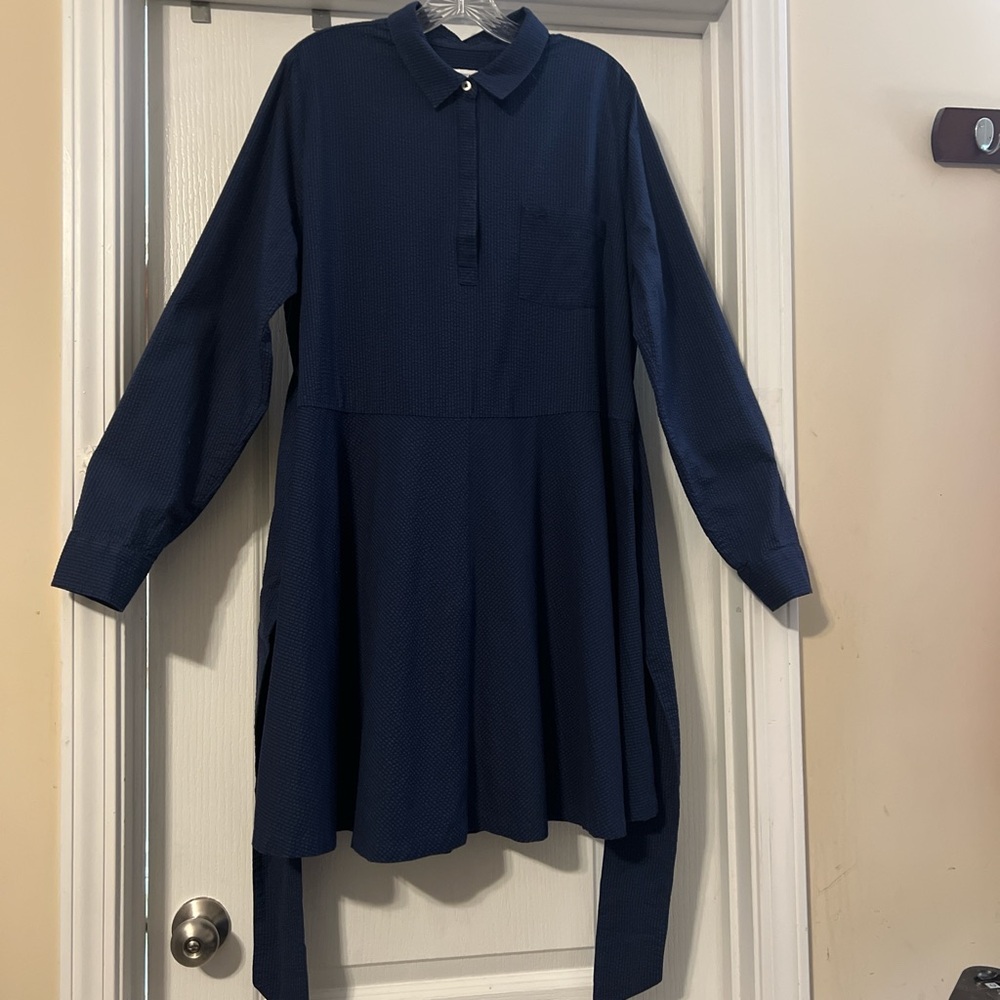 Southern Tide Textured Shirt Dress XL Navy Blue Tie Back Roll Tab SLv Pocket